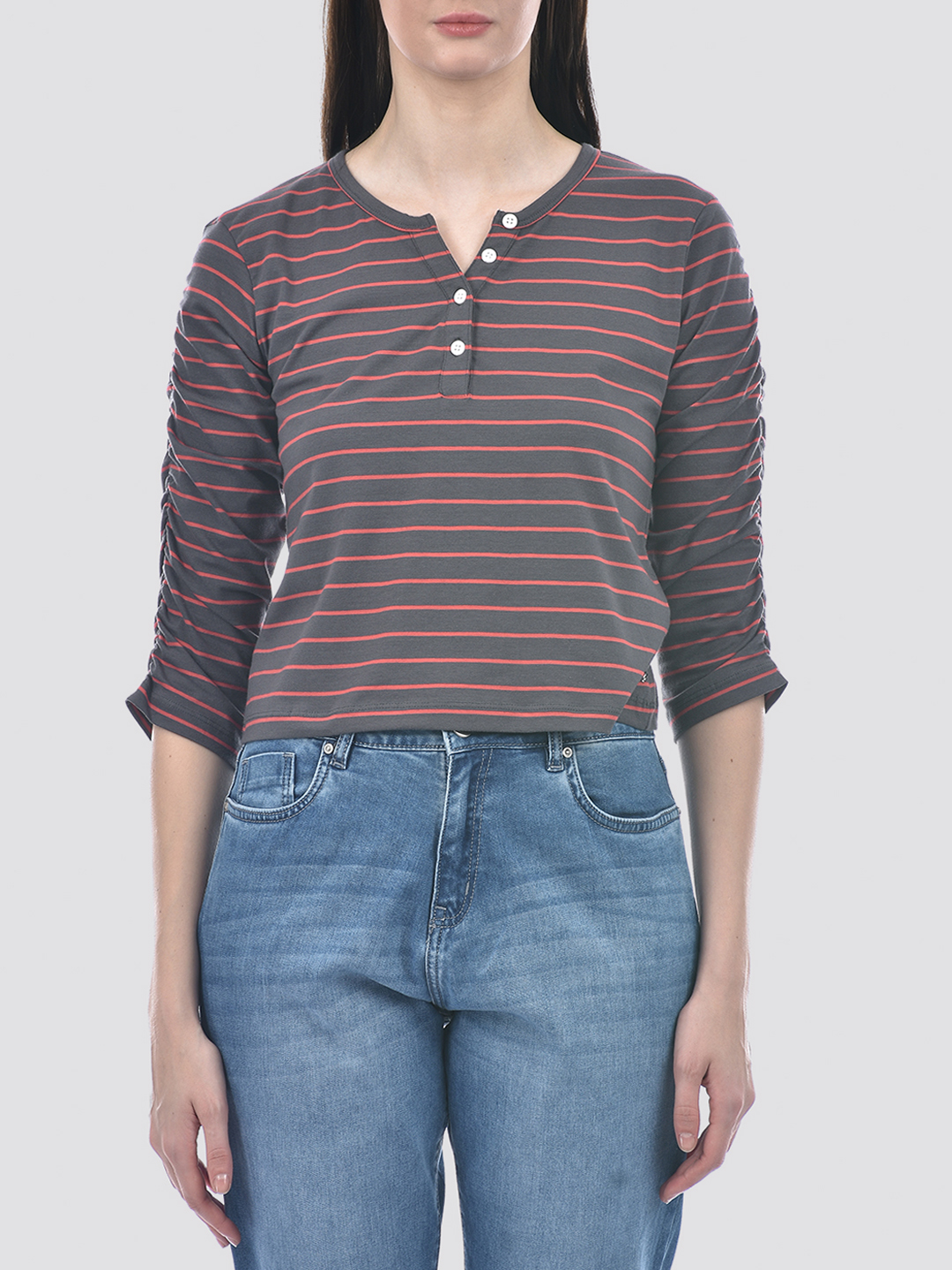 Numero Uno Women Charcoal & Coral Striped Henley Neck T-Shirt